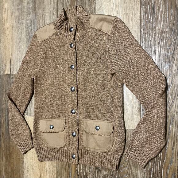 Ralph Lauren Jeans Co Brown Knit Button Front Cardigan Sweater Sz PL Fisherman - Picture 2 of 6